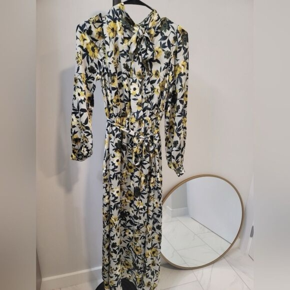 BCBGMaxAzria Floral Long Sleeve Dress in Yellow and Black